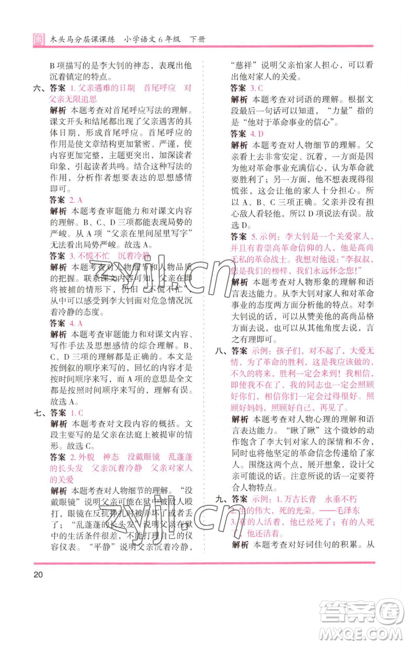 湖南師范大學出版社2023木頭馬分層課課練六年級語文下冊部編版福建專版參考答案