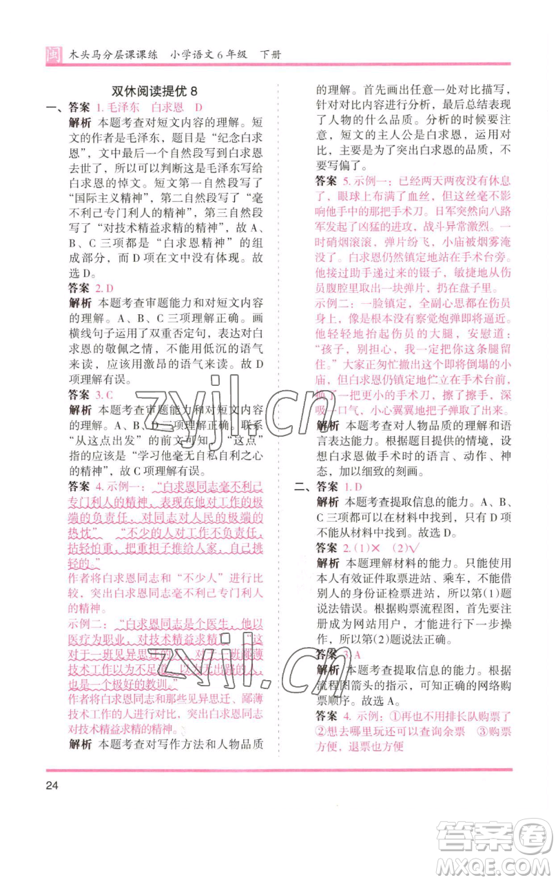 湖南師范大學出版社2023木頭馬分層課課練六年級語文下冊部編版福建專版參考答案
