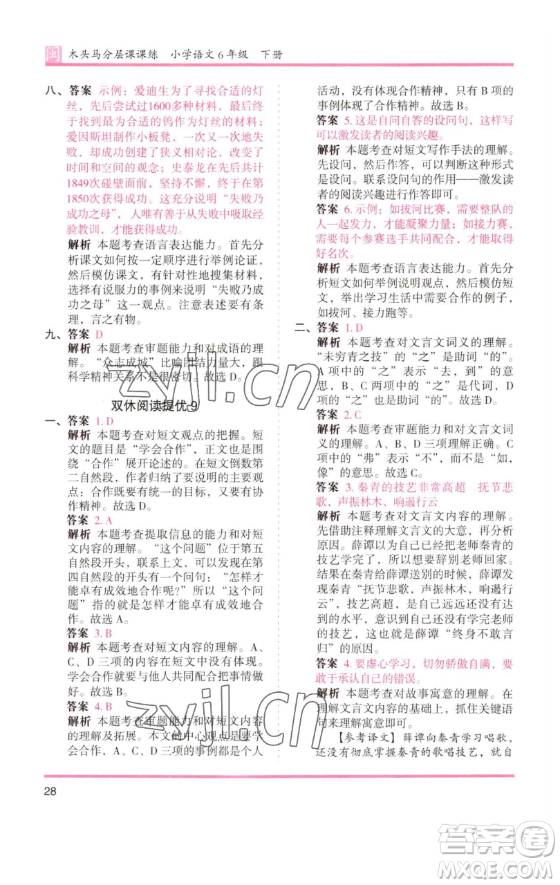 湖南師范大學出版社2023木頭馬分層課課練六年級語文下冊部編版福建專版參考答案