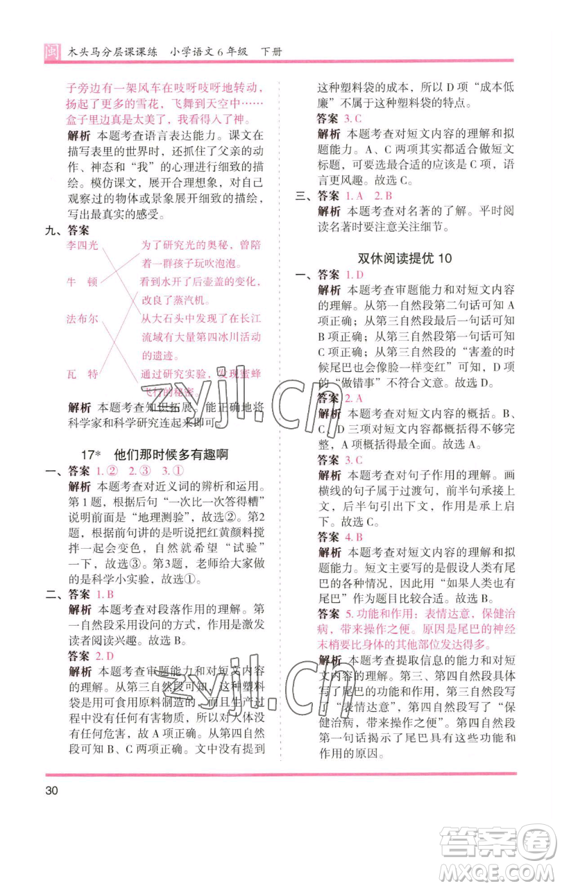 湖南師范大學出版社2023木頭馬分層課課練六年級語文下冊部編版福建專版參考答案