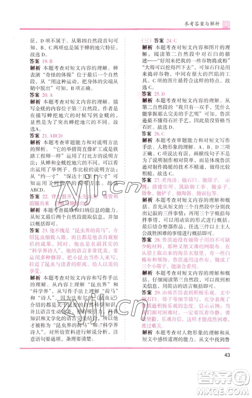 湖南師范大學出版社2023木頭馬分層課課練六年級語文下冊部編版福建專版參考答案