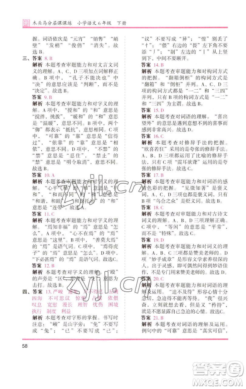 湖南師范大學出版社2023木頭馬分層課課練六年級語文下冊部編版福建專版參考答案