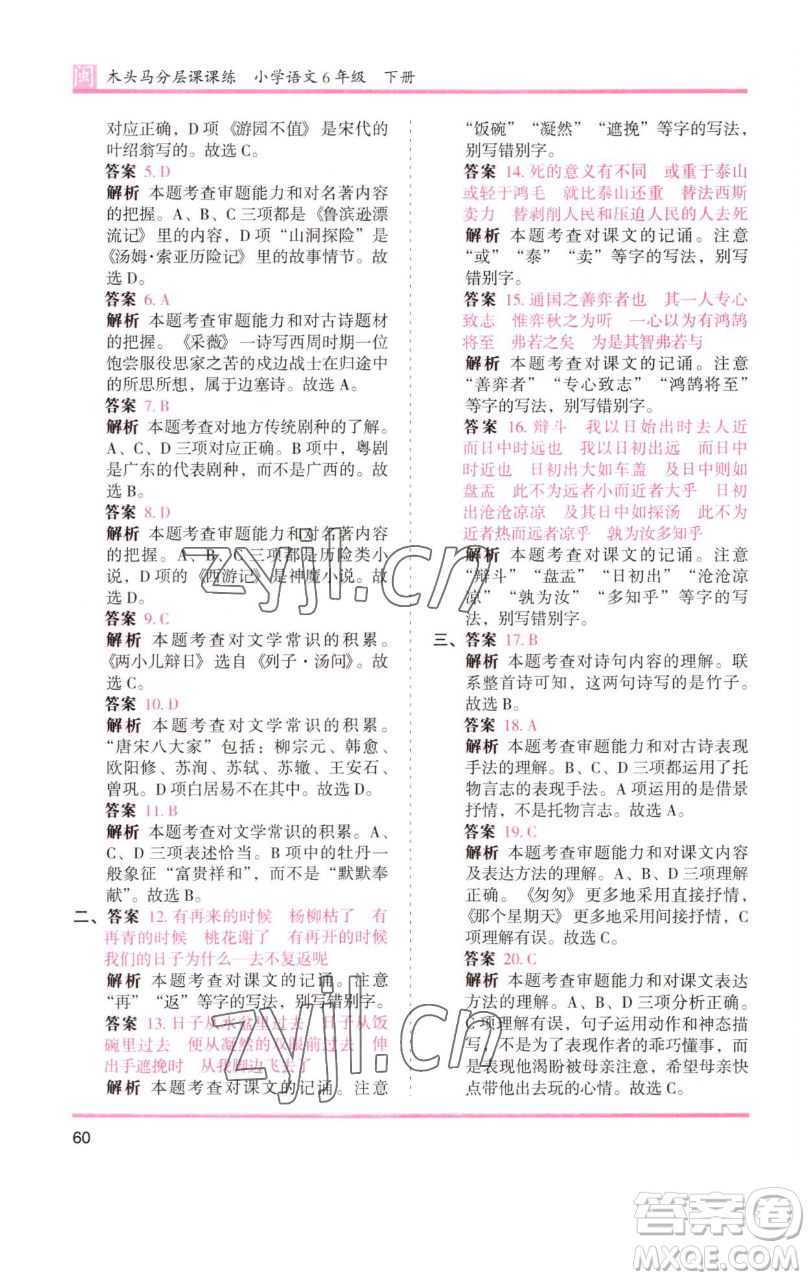湖南師范大學出版社2023木頭馬分層課課練六年級語文下冊部編版福建專版參考答案