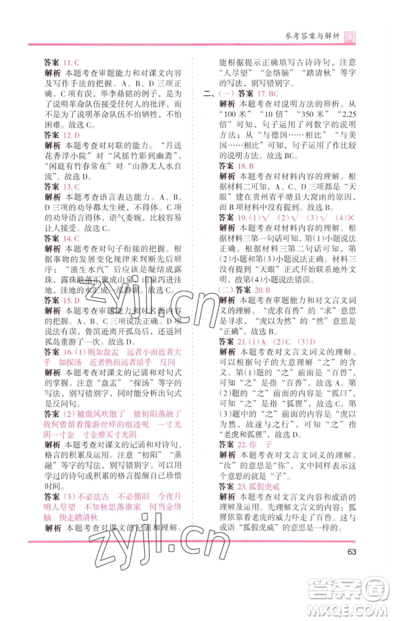 湖南師范大學出版社2023木頭馬分層課課練六年級語文下冊部編版福建專版參考答案
