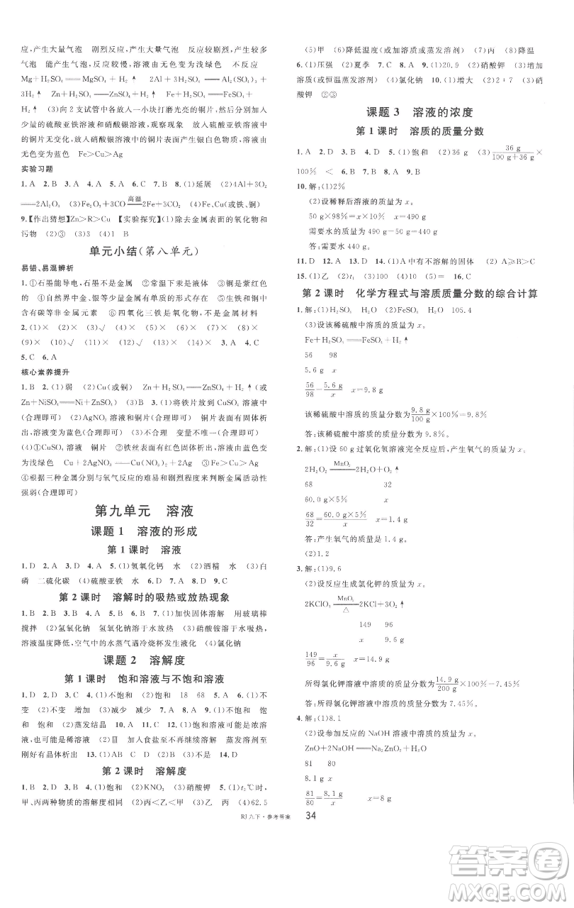 開明出版社2023名校課堂九年級化學下冊人教版參考答案
