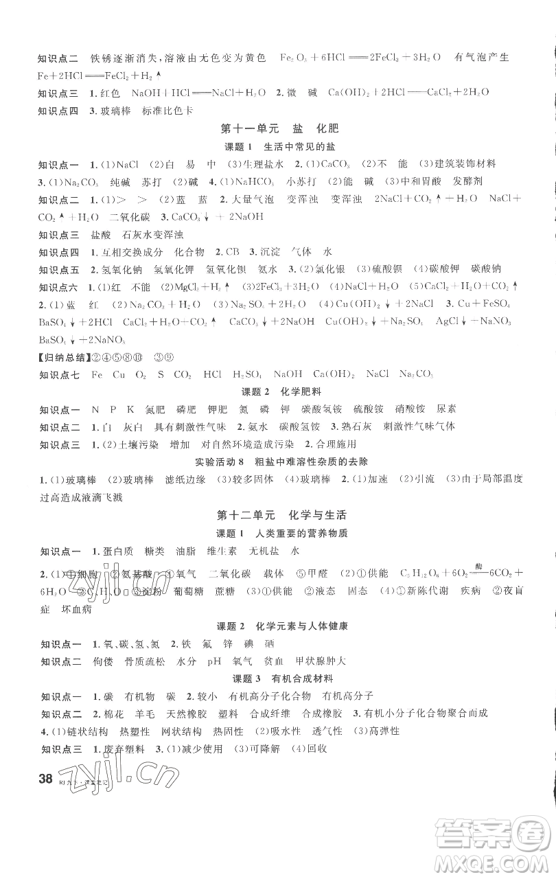 開明出版社2023名校課堂九年級化學下冊人教版參考答案