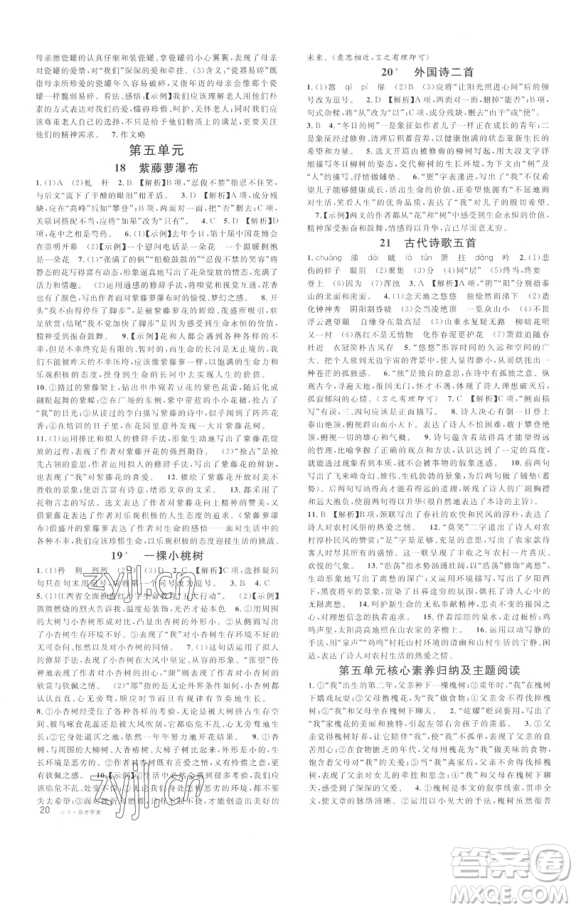 開明出版社2023名校課堂七年級(jí)語(yǔ)文下冊(cè)人教版參考答案