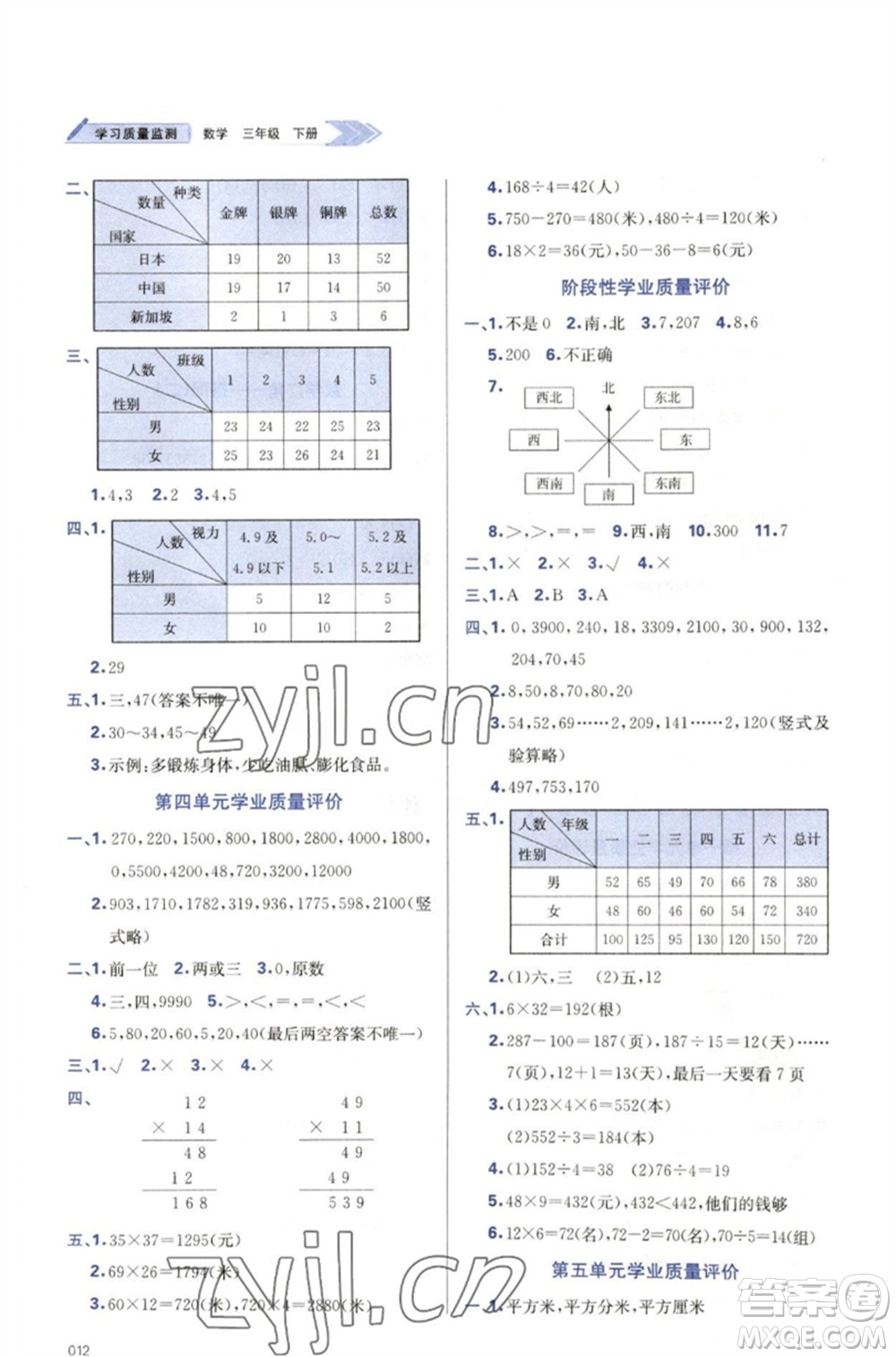 天津教育出版社2023學習質量監(jiān)測三年級數(shù)學下冊人教版參考答案