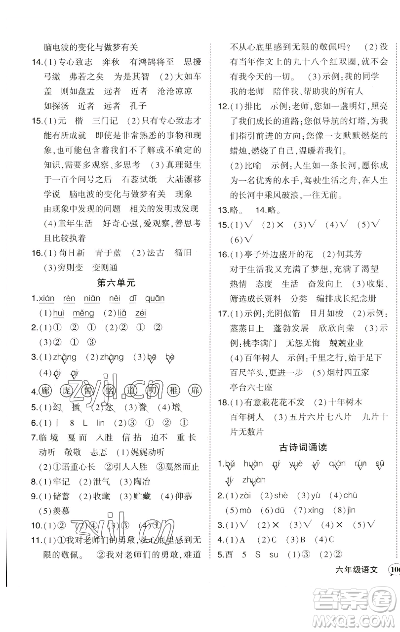 西安出版社2023狀元成才路狀元作業(yè)本六年級(jí)語(yǔ)文下冊(cè)人教版參考答案