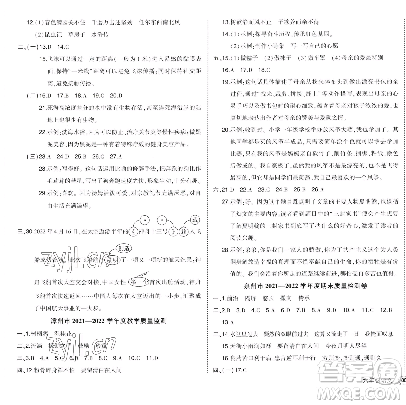 長江出版社2023黃岡狀元成才路狀元作業(yè)本六年級語文下冊人教版福建專版