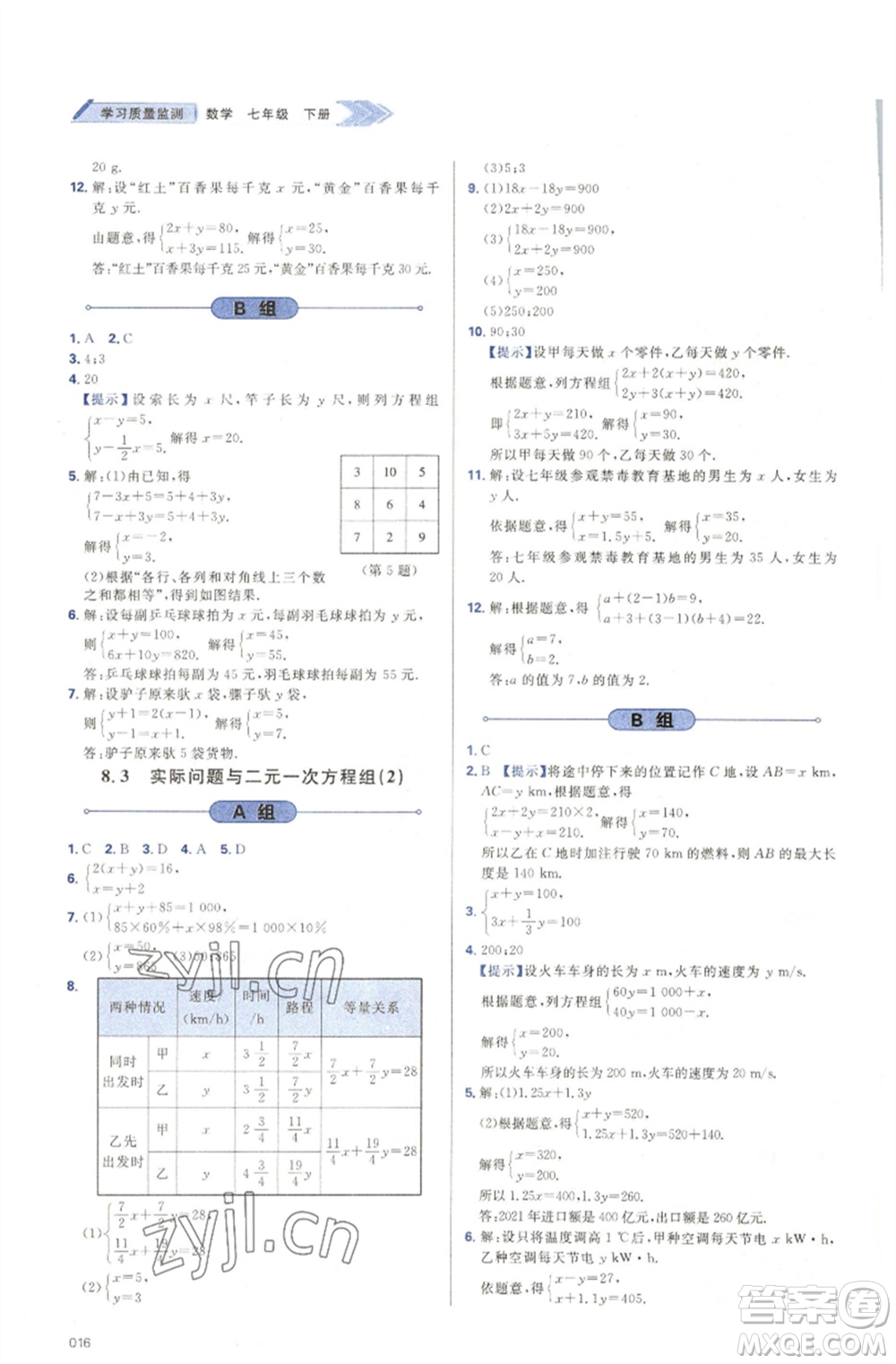 天津教育出版社2023學(xué)習(xí)質(zhì)量監(jiān)測七年級(jí)數(shù)學(xué)下冊(cè)人教版參考答案