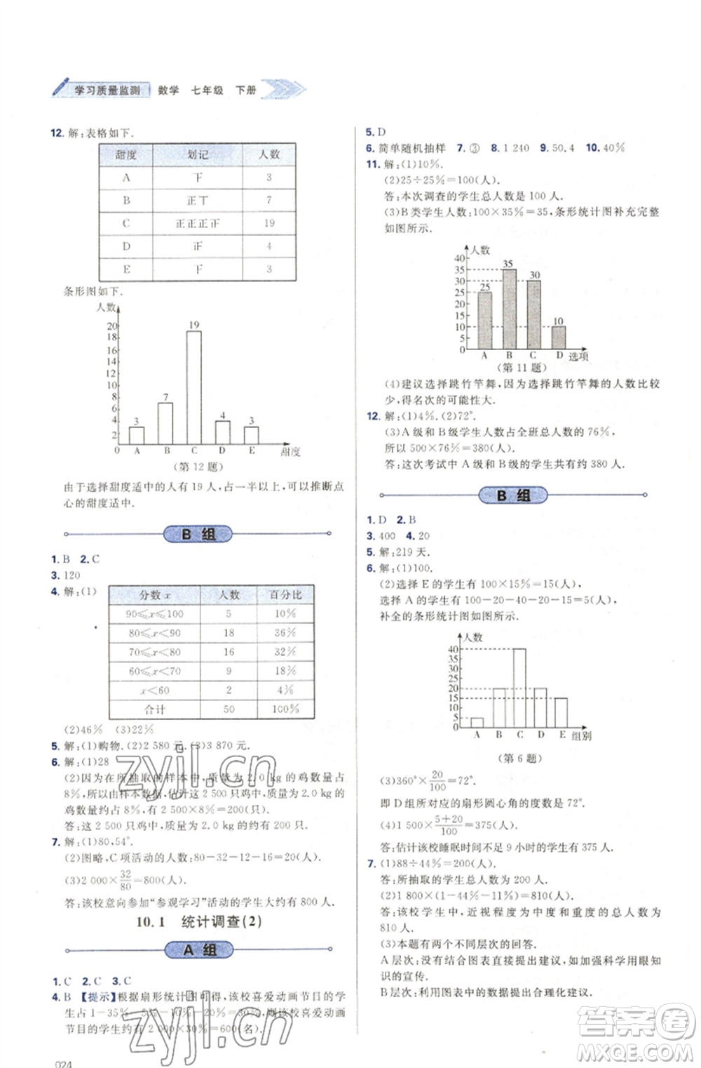 天津教育出版社2023學(xué)習(xí)質(zhì)量監(jiān)測七年級(jí)數(shù)學(xué)下冊(cè)人教版參考答案