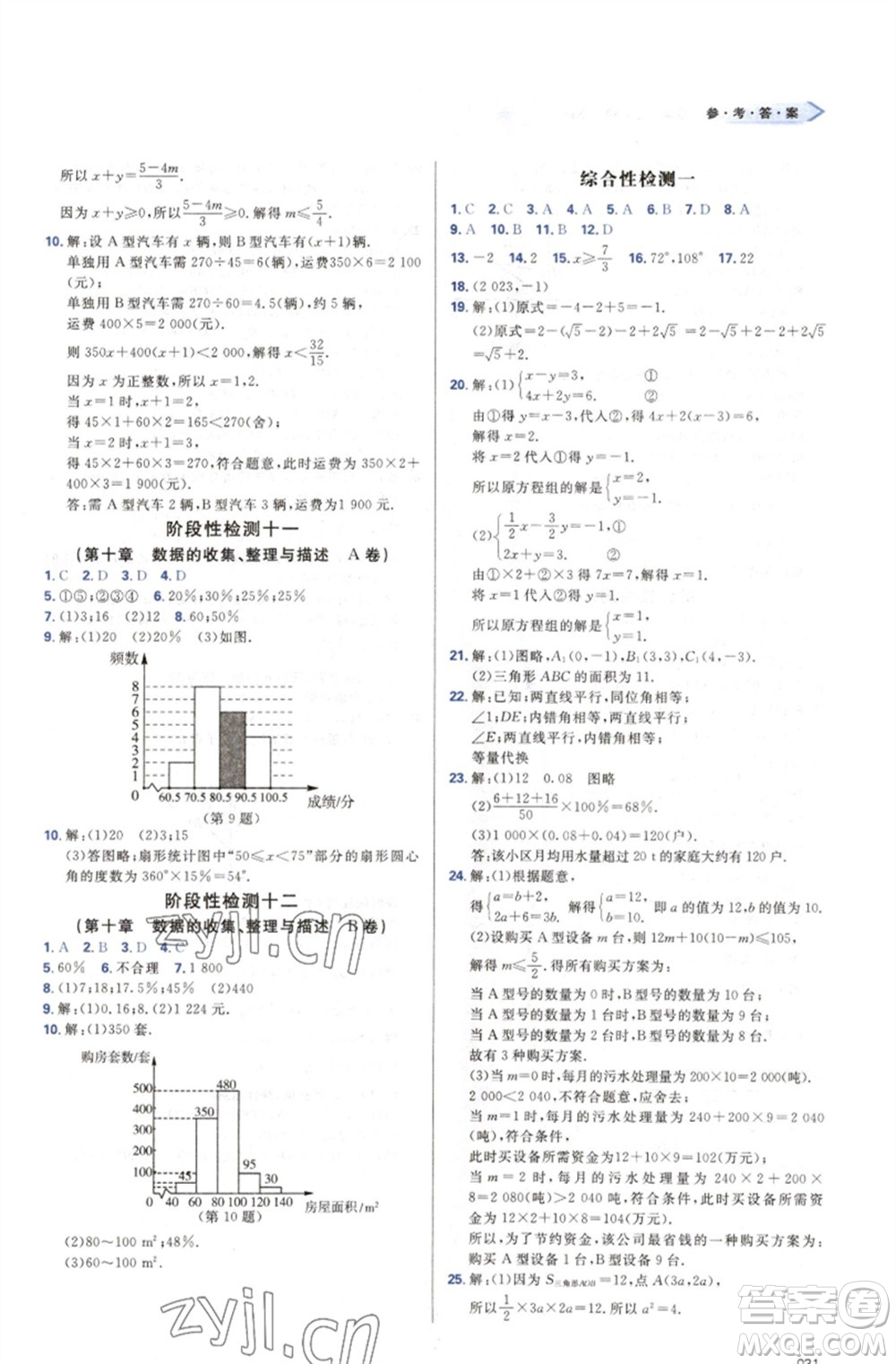 天津教育出版社2023學(xué)習(xí)質(zhì)量監(jiān)測七年級(jí)數(shù)學(xué)下冊(cè)人教版參考答案