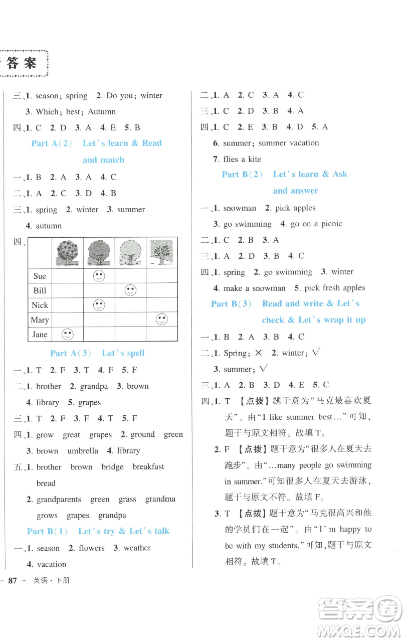 長江出版社2023黃岡狀元成才路狀元作業(yè)本五年級英語下冊人教PEP版參考答案