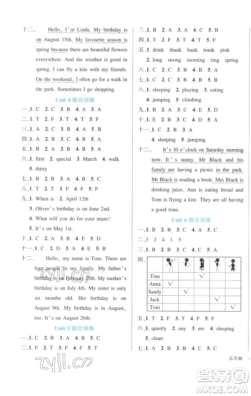 長江出版社2023黃岡狀元成才路狀元作業(yè)本五年級英語下冊人教PEP版參考答案