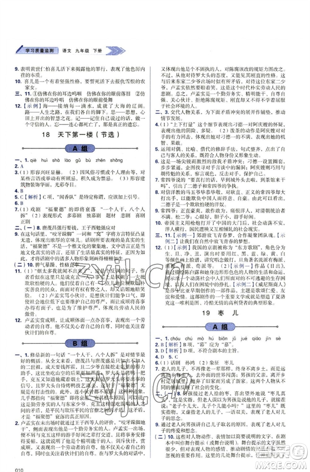天津教育出版社2023學(xué)習(xí)質(zhì)量監(jiān)測(cè)九年級(jí)語(yǔ)文下冊(cè)人教版參考答案
