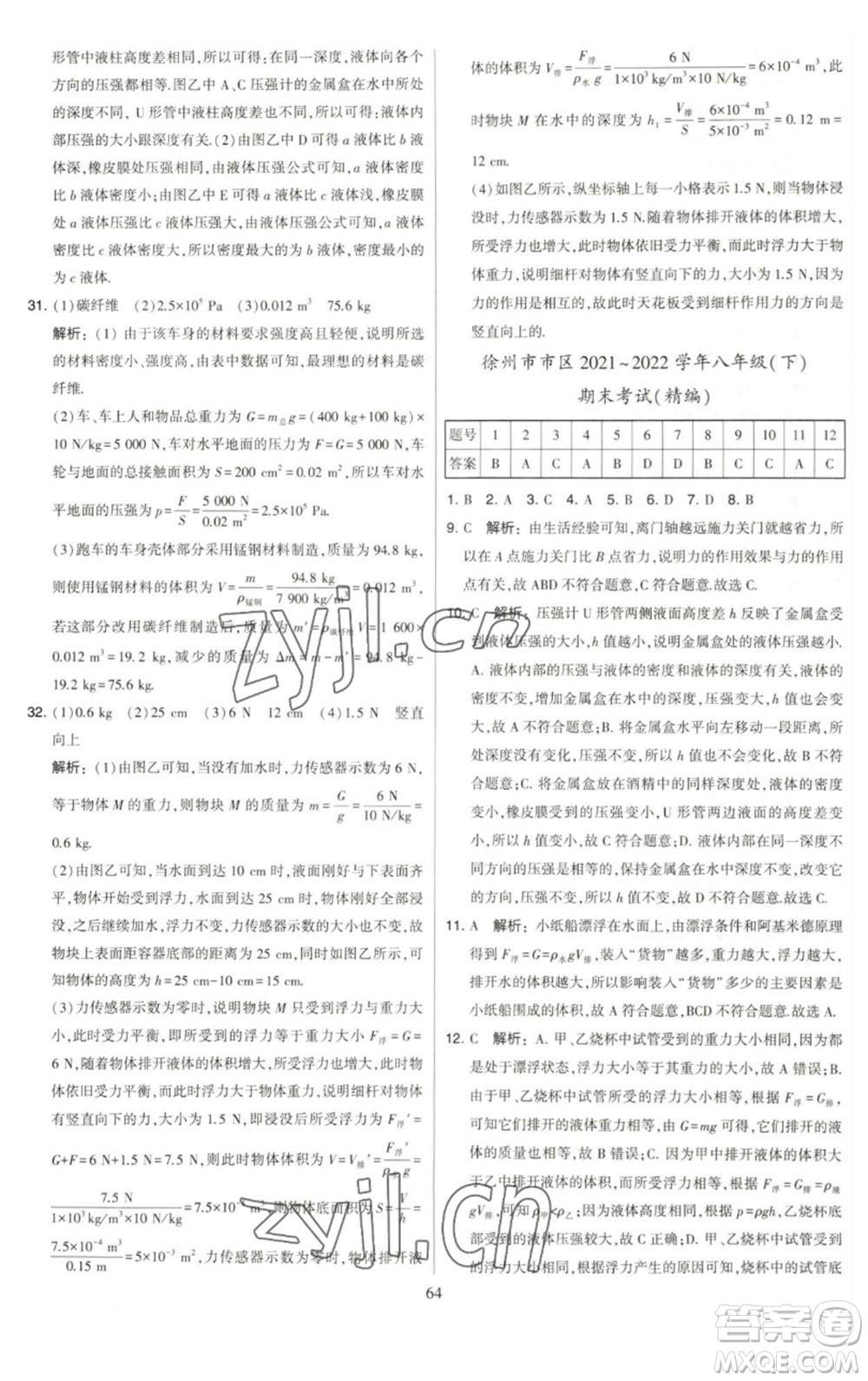 河海大學(xué)出版社2023學(xué)霸提優(yōu)大試卷八年級物理下冊蘇科版參考答案