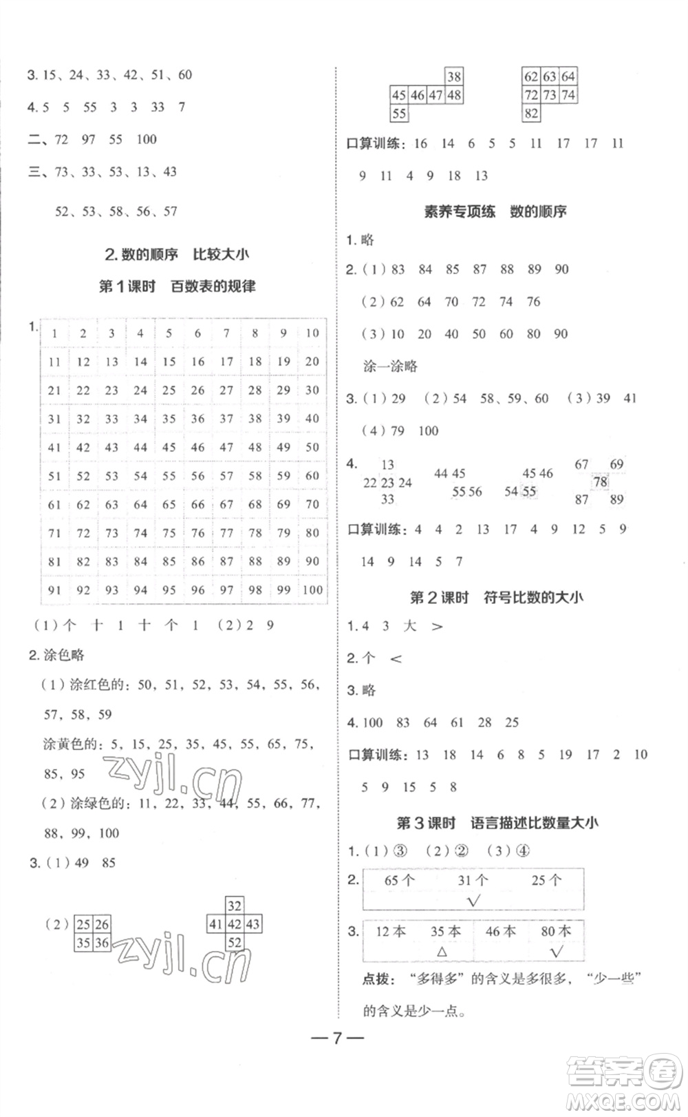 吉林教育出版社2023綜合應(yīng)用創(chuàng)新題典中點一年級數(shù)學(xué)下冊人教版浙江專版參考答案