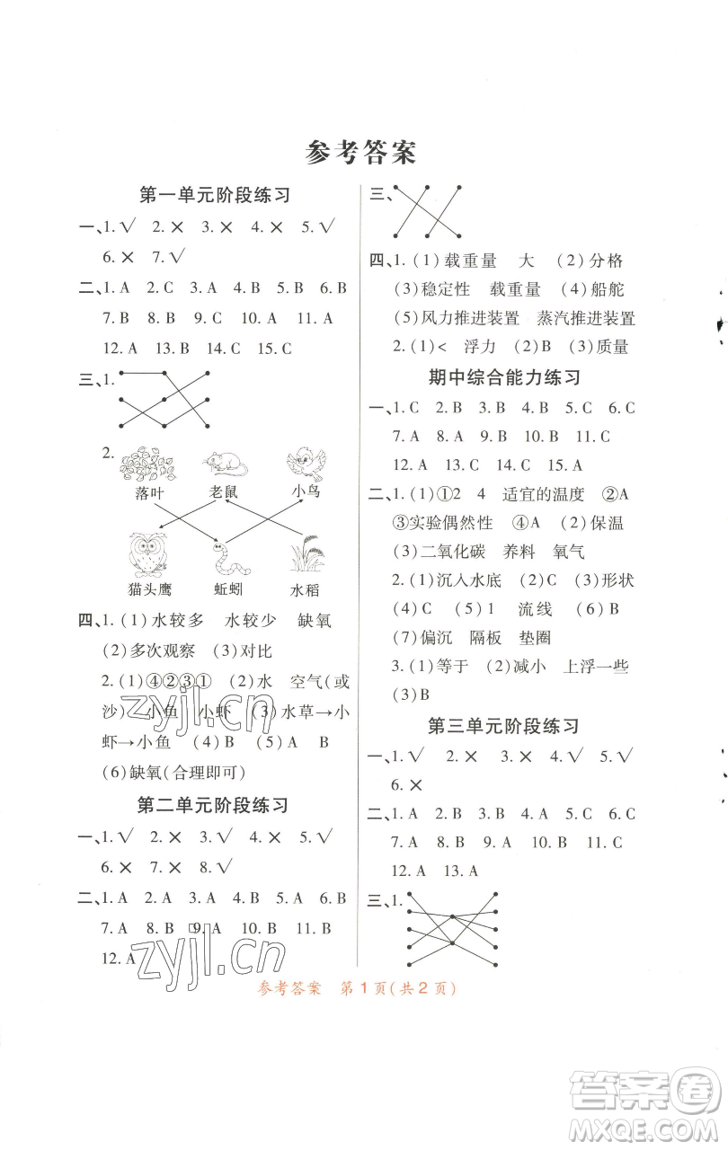 陜西師范大學出版總社有限公司2023黃岡同步練一日一練五年級科學下冊教科版參考答案