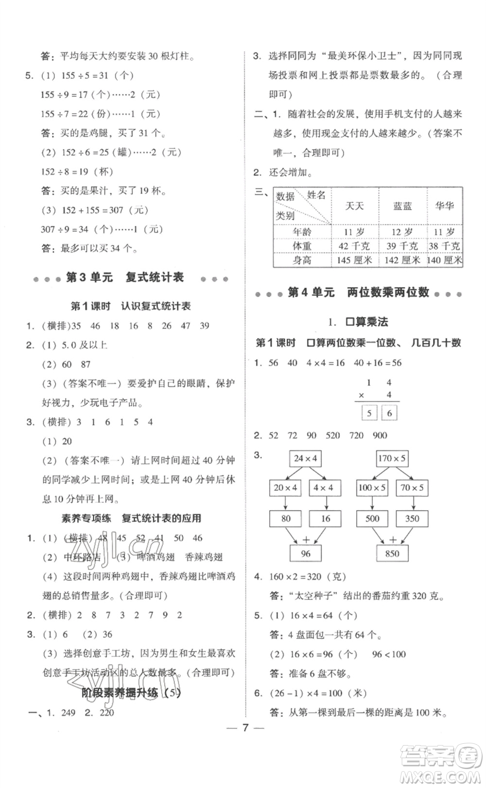 吉林教育出版社2023綜合應(yīng)用創(chuàng)新題典中點(diǎn)三年級(jí)數(shù)學(xué)下冊(cè)人教版浙江專版參考答案