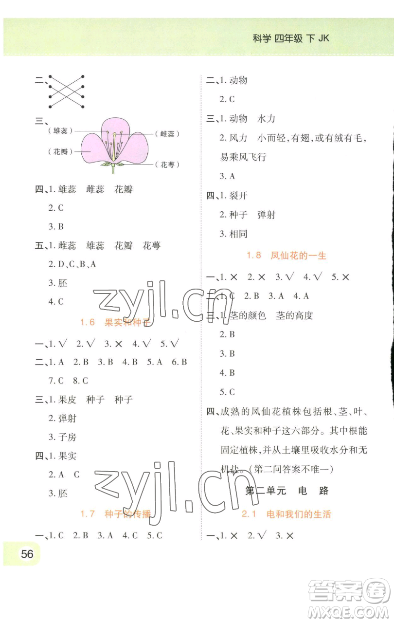 陜西師范大學(xué)出版總社有限公司2023黃岡同步練一日一練四年級(jí)科學(xué)下冊(cè)教科版參考答案