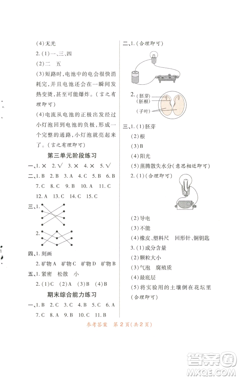 陜西師范大學(xué)出版總社有限公司2023黃岡同步練一日一練四年級(jí)科學(xué)下冊(cè)教科版參考答案