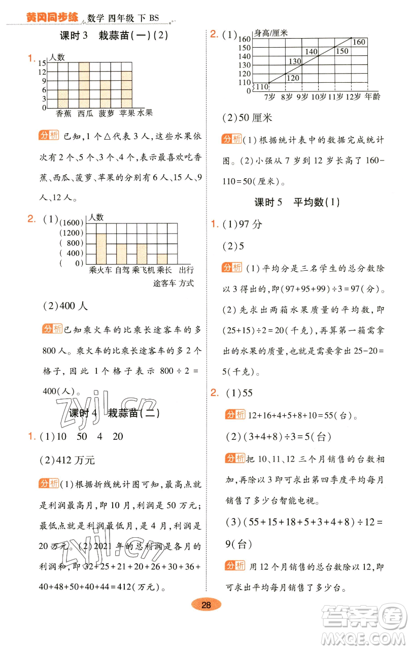 陜西師范大學(xué)出版總社有限公司2023黃岡同步練一日一練四年級數(shù)學(xué)下冊北師大版參考答案
