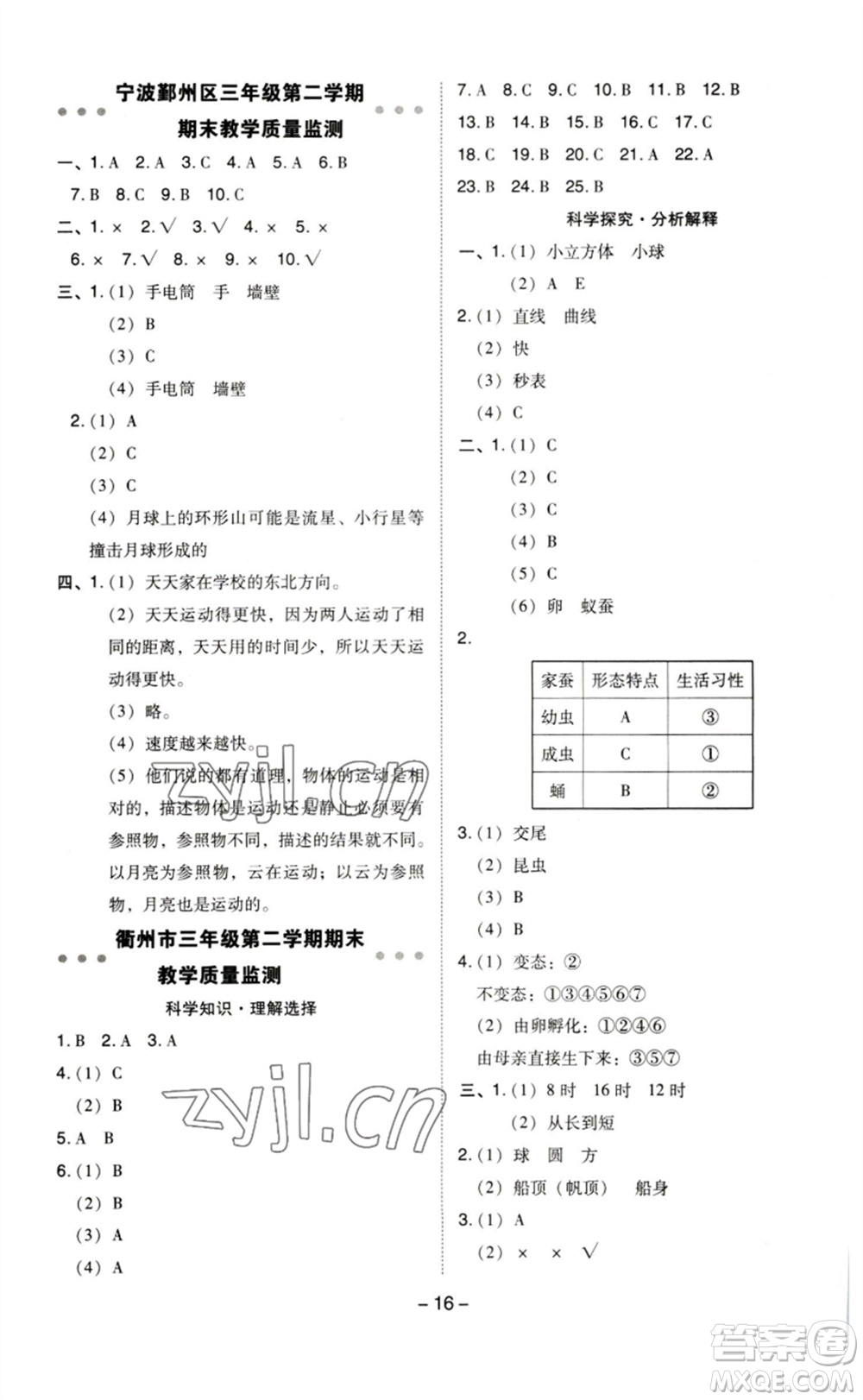 山西教育出版社2023綜合應(yīng)用創(chuàng)新題典中點三年級科學(xué)下冊教科版參考答案