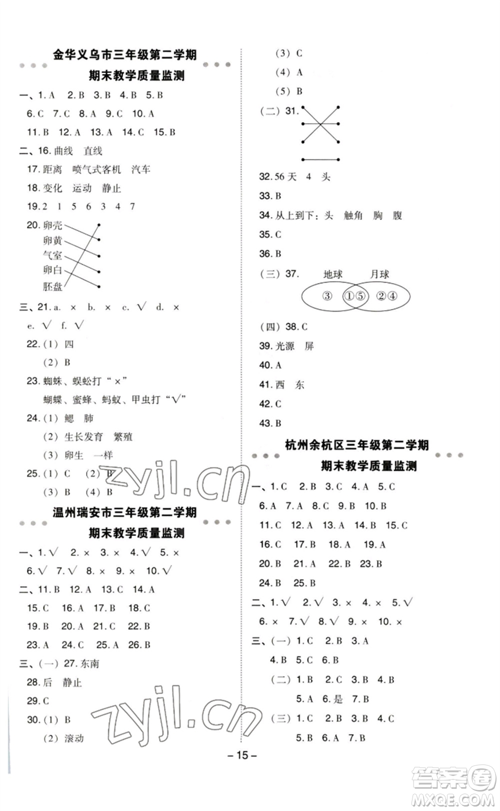 山西教育出版社2023綜合應(yīng)用創(chuàng)新題典中點三年級科學(xué)下冊教科版參考答案