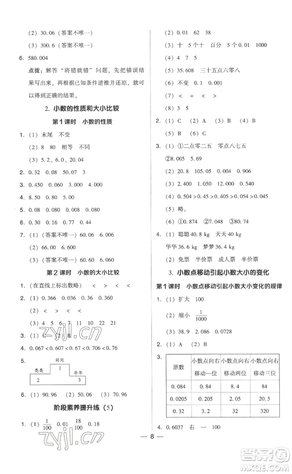 吉林教育出版社2023綜合應用創(chuàng)新題典中點四年級數學下冊人教版浙江專版參考答案