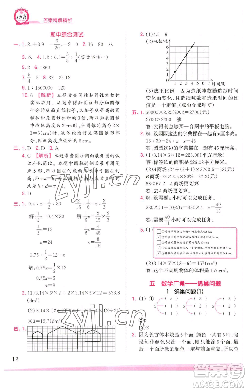 江西人民出版社2023王朝霞創(chuàng)維新課堂數(shù)學(xué)六年級下冊人教版參考答案