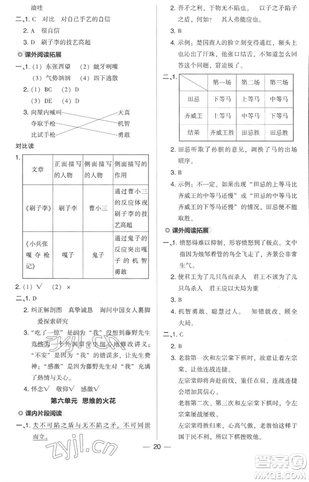 吉林教育出版社2023綜合應(yīng)用創(chuàng)新題典中點(diǎn)五年級(jí)語(yǔ)文下冊(cè)人教版浙江專(zhuān)版參考答案