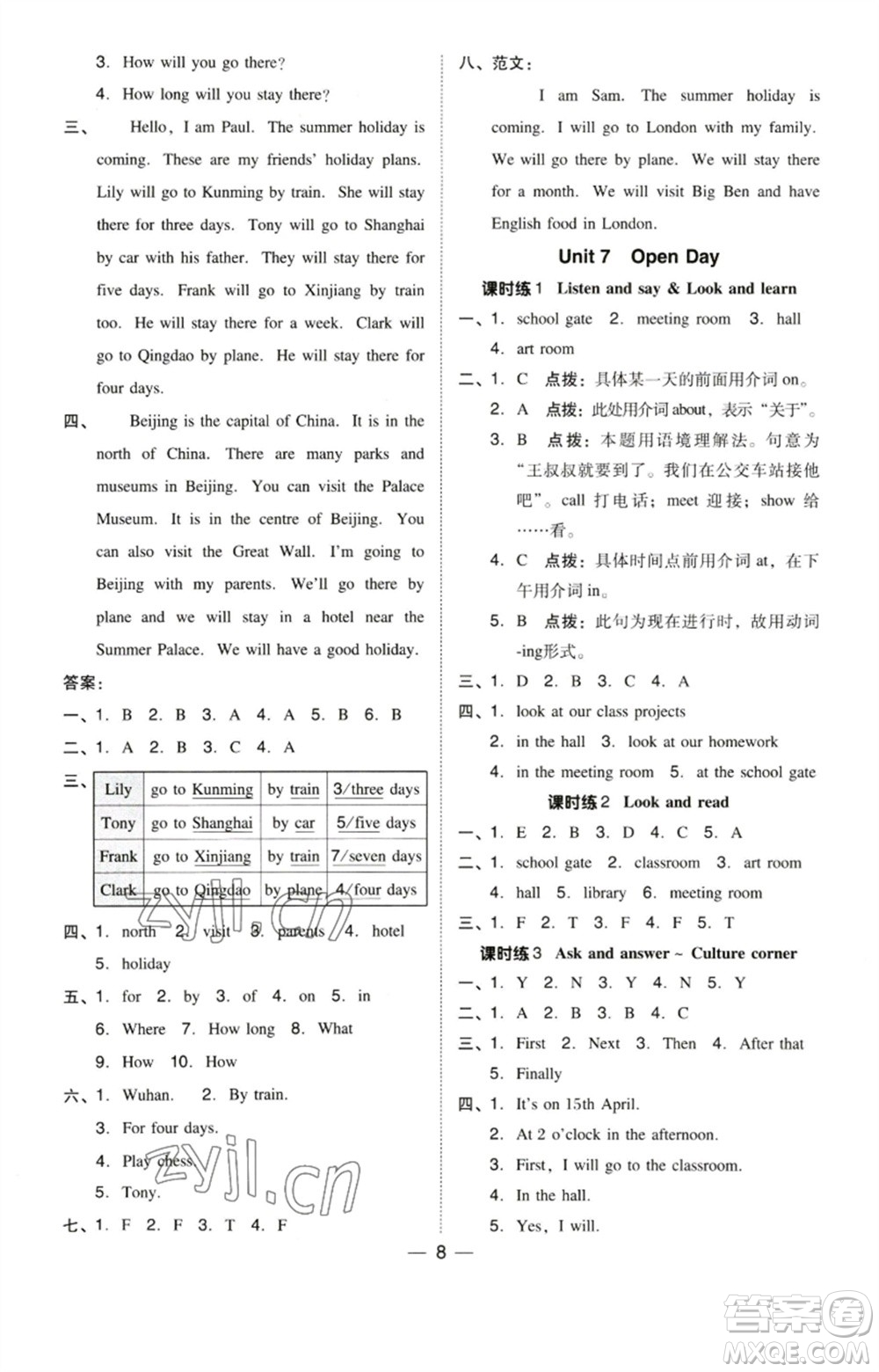 陜西人民教育出版社2023綜合應(yīng)用創(chuàng)新題典中點(diǎn)五年級(jí)英語(yǔ)下冊(cè)三起點(diǎn)滬教牛津版參考答案