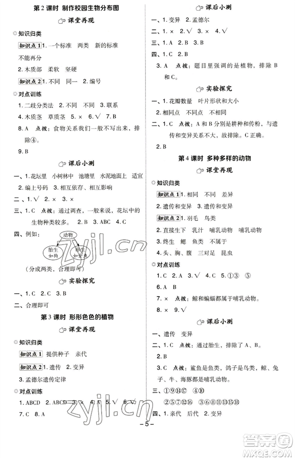 山西教育出版社2023綜合應(yīng)用創(chuàng)新題典中點六年級科學下冊科教版參考答案
