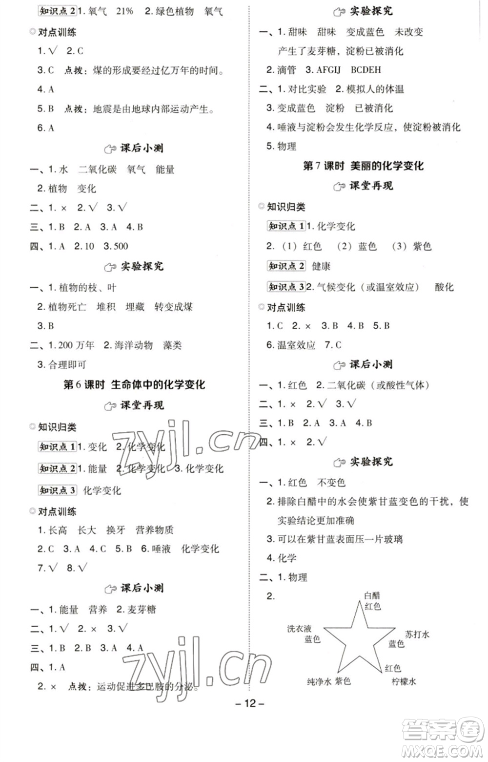 山西教育出版社2023綜合應(yīng)用創(chuàng)新題典中點六年級科學下冊科教版參考答案