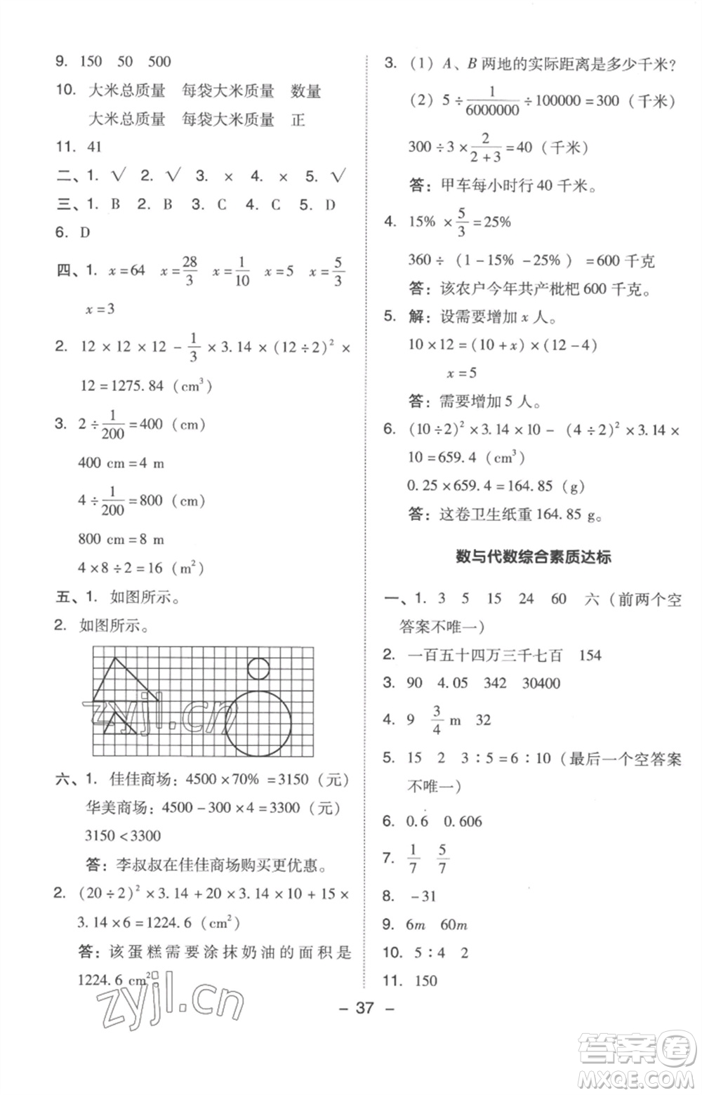 吉林教育出版社2023綜合應(yīng)用創(chuàng)新題典中點六年級數(shù)學(xué)下冊人教版浙江專版參考答案