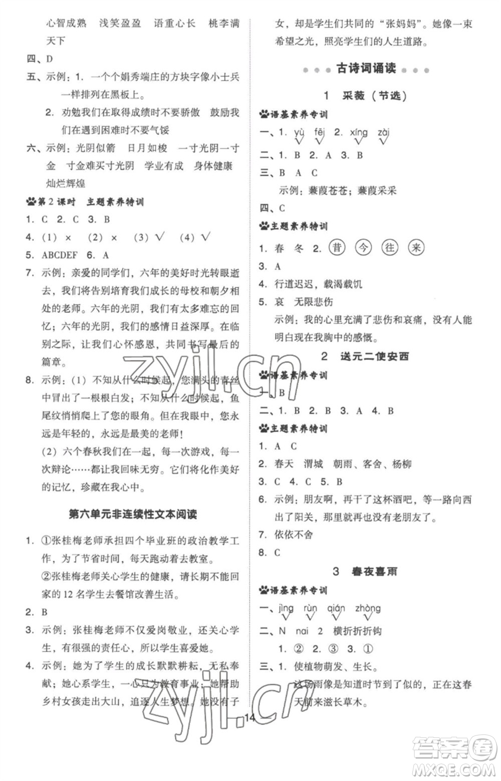 吉林教育出版社2023綜合應(yīng)用創(chuàng)新題典中點六年級語文下冊人教版浙江專版參考答案