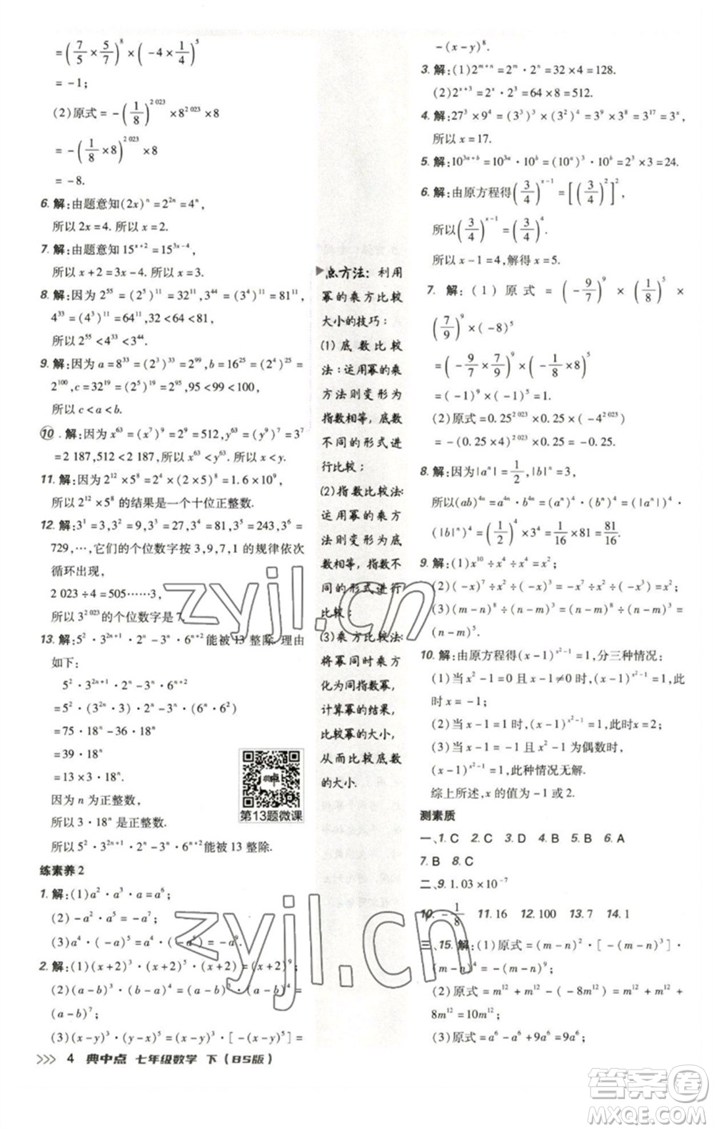 陜西人民教育出版社2023綜合應用創(chuàng)新題典中點七年級數(shù)學下冊北師大版參考答案