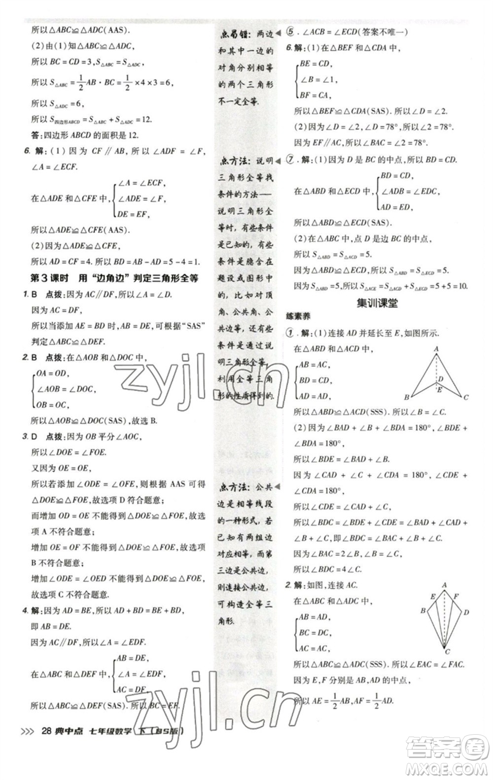 陜西人民教育出版社2023綜合應用創(chuàng)新題典中點七年級數(shù)學下冊北師大版參考答案