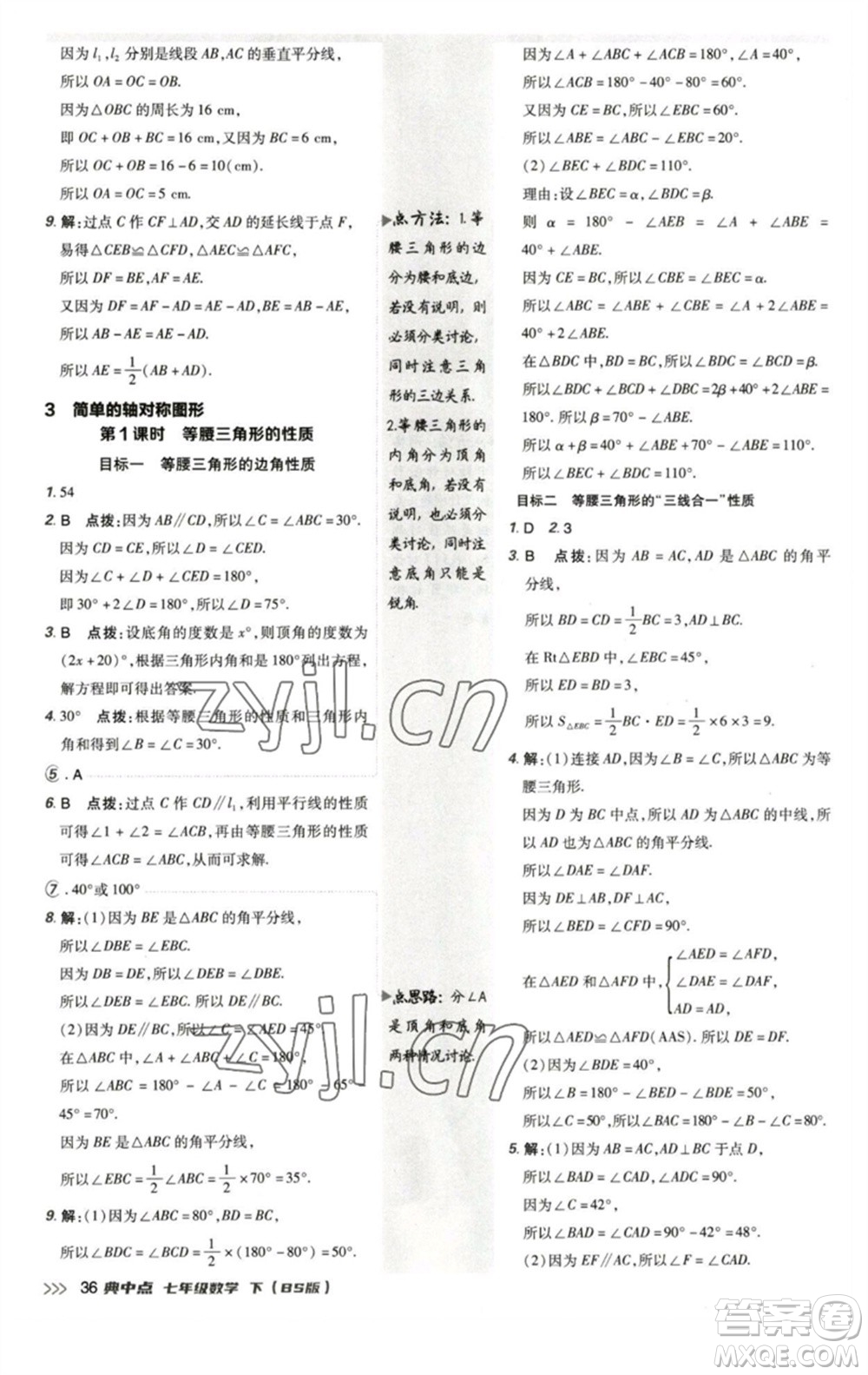 陜西人民教育出版社2023綜合應用創(chuàng)新題典中點七年級數(shù)學下冊北師大版參考答案