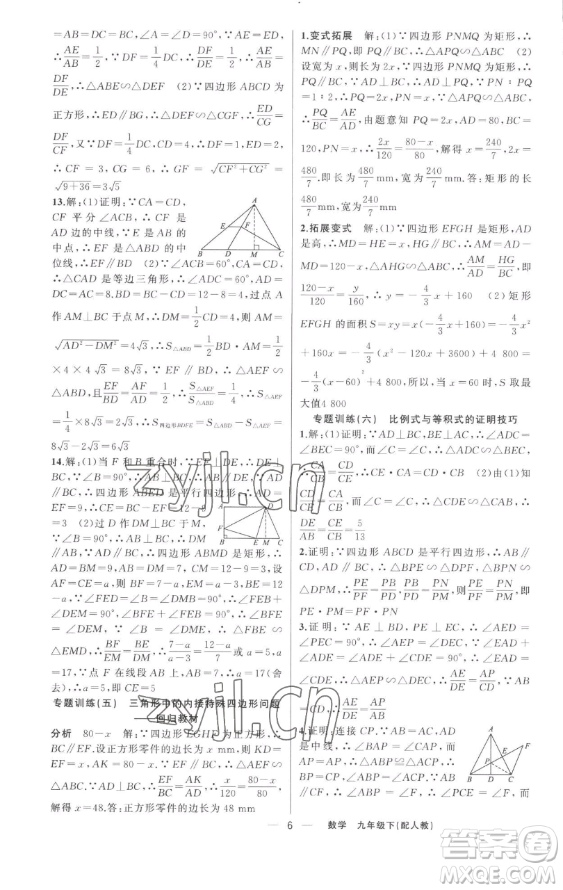 新疆青少年出版社2023四清導(dǎo)航九年級(jí)下冊(cè)數(shù)學(xué)人教版參考答案
