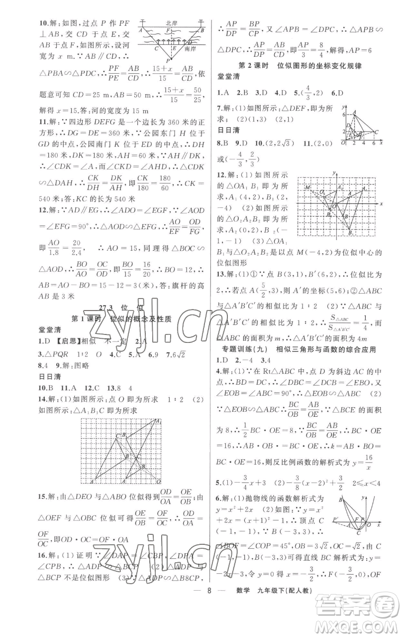 新疆青少年出版社2023四清導(dǎo)航九年級(jí)下冊(cè)數(shù)學(xué)人教版參考答案