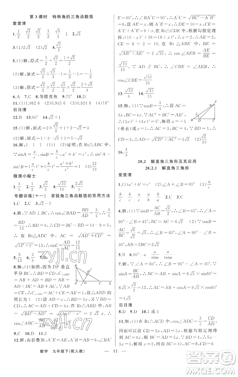 新疆青少年出版社2023四清導(dǎo)航九年級(jí)下冊(cè)數(shù)學(xué)人教版參考答案