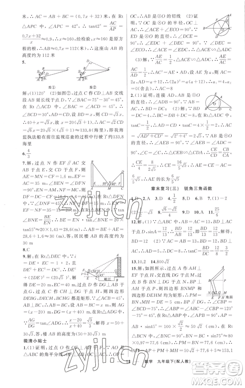新疆青少年出版社2023四清導(dǎo)航九年級(jí)下冊(cè)數(shù)學(xué)人教版參考答案