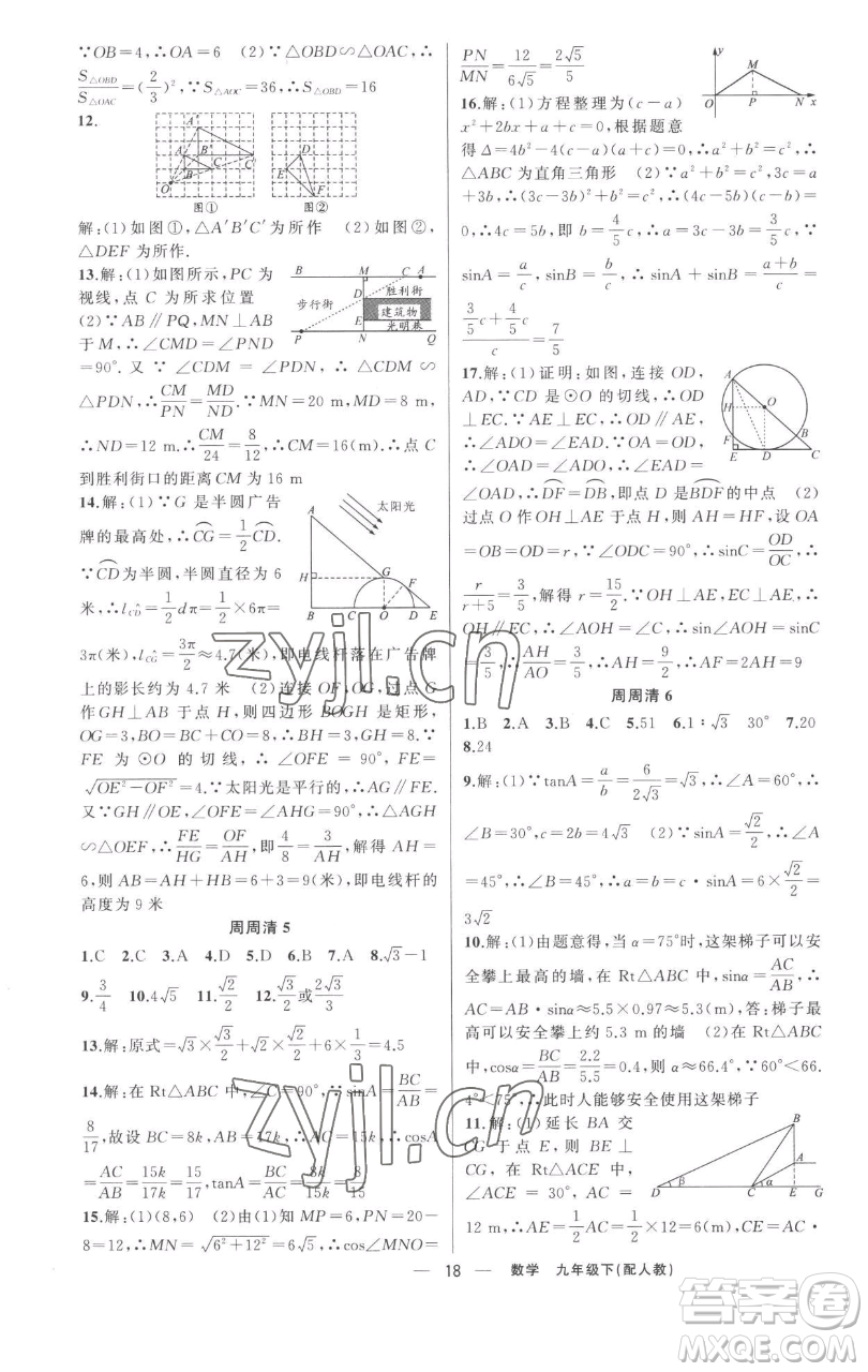 新疆青少年出版社2023四清導(dǎo)航九年級(jí)下冊(cè)數(shù)學(xué)人教版參考答案