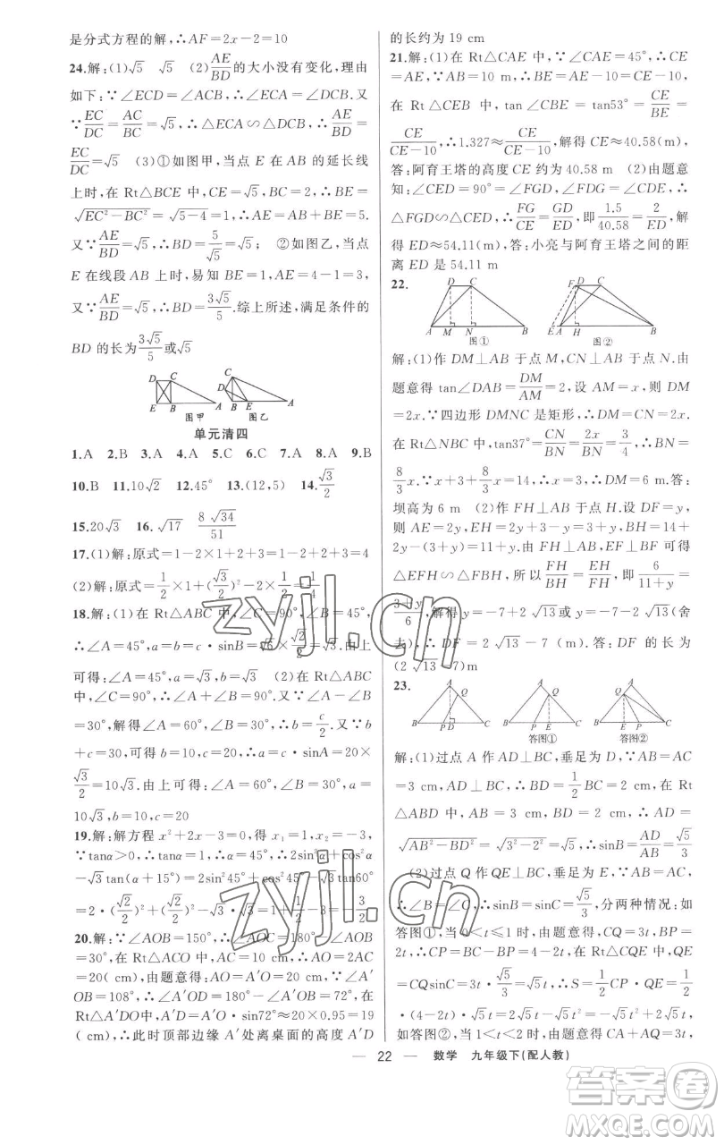 新疆青少年出版社2023四清導(dǎo)航九年級(jí)下冊(cè)數(shù)學(xué)人教版參考答案