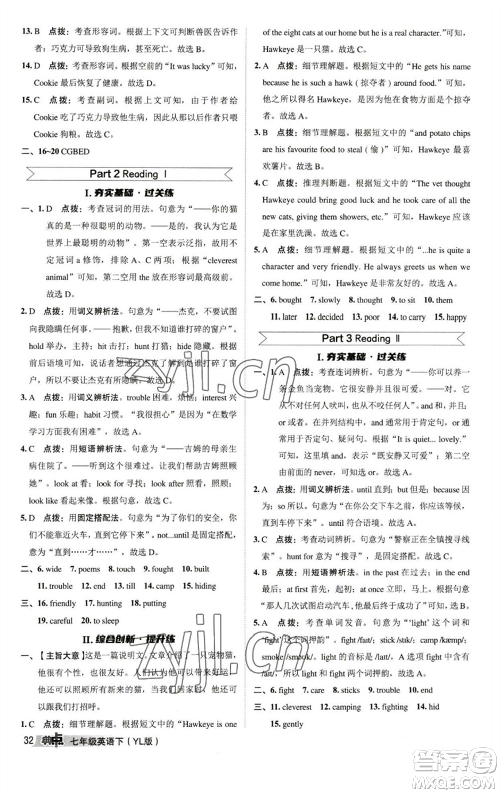 陜西人民教育出版社2023綜合應(yīng)用創(chuàng)新題典中點七年級英語下冊譯林版參考答案