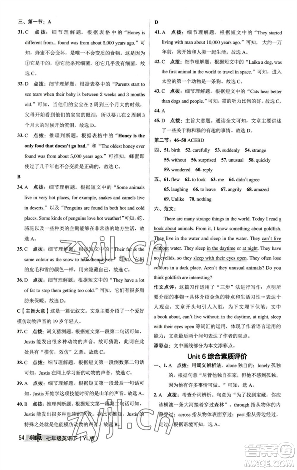 陜西人民教育出版社2023綜合應(yīng)用創(chuàng)新題典中點七年級英語下冊譯林版參考答案