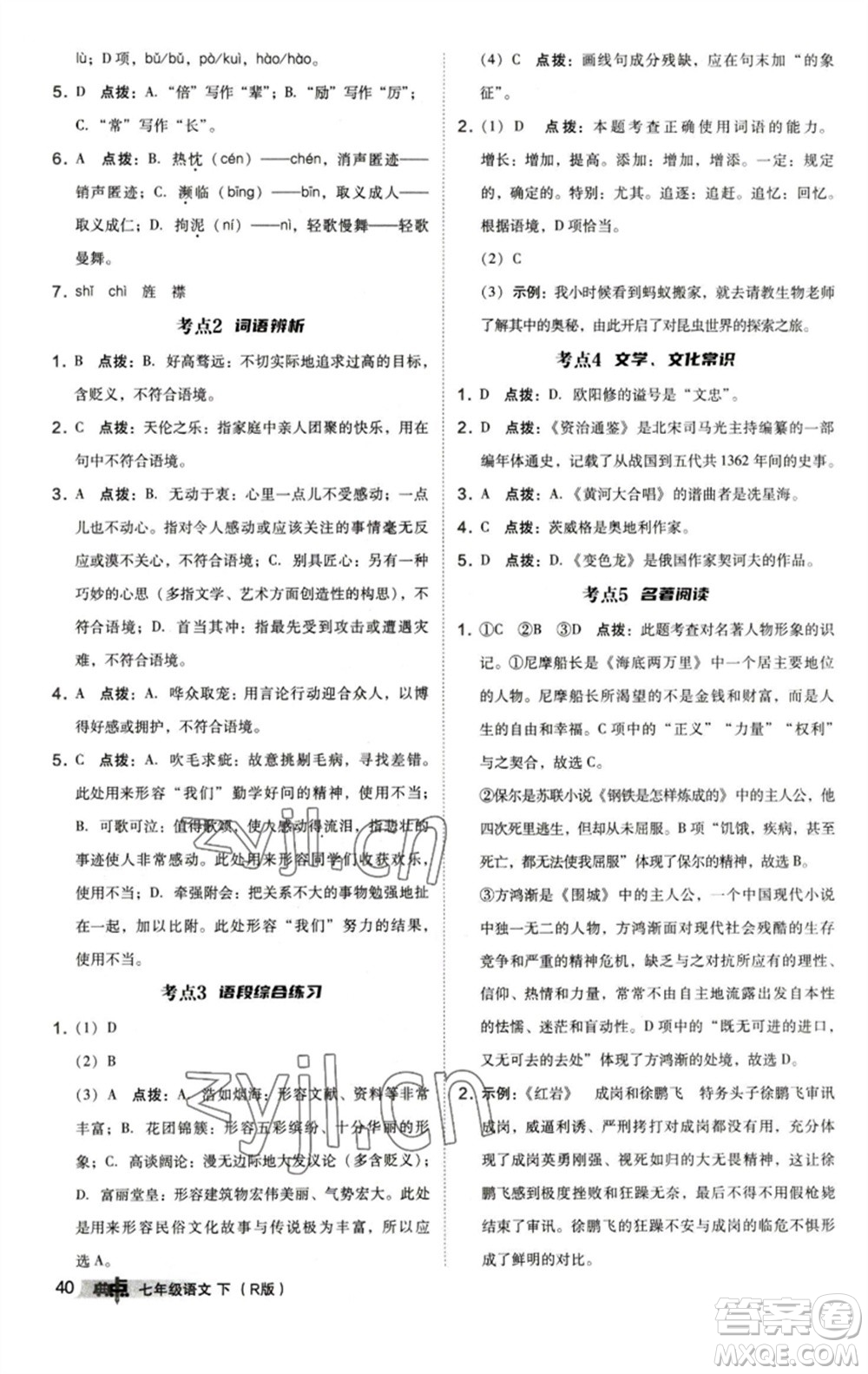 陜西人民教育出版社2023綜合應(yīng)用創(chuàng)新題典中點七年級語文下冊人教版參考答案