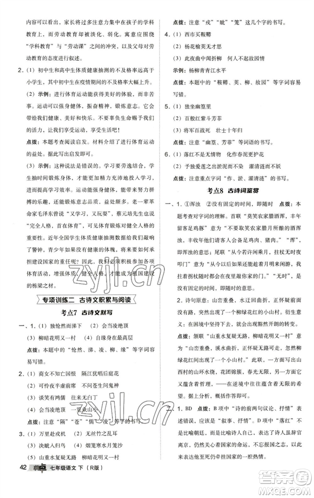 陜西人民教育出版社2023綜合應(yīng)用創(chuàng)新題典中點七年級語文下冊人教版參考答案